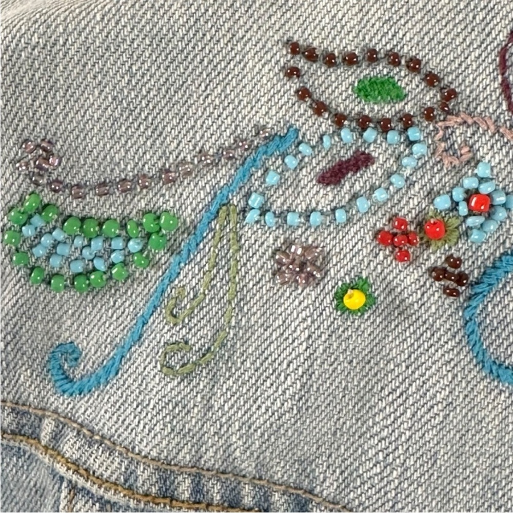 Vintage Y2K Old Navy Bohemian Beaded Denim Jean Jacket Women’s XXL Light Wash - Picture 11 of 15